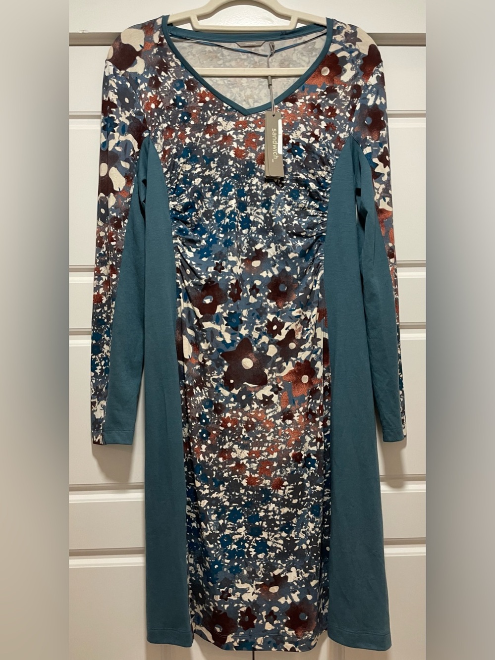 NWT Teal Abstract Floral Panel Long Sleeve Dress